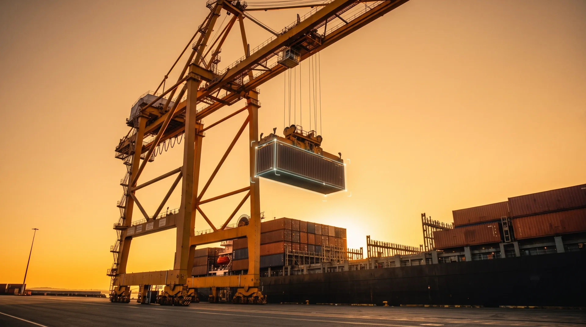 A ship-to-shore crane lifting a single container against an amber sky.