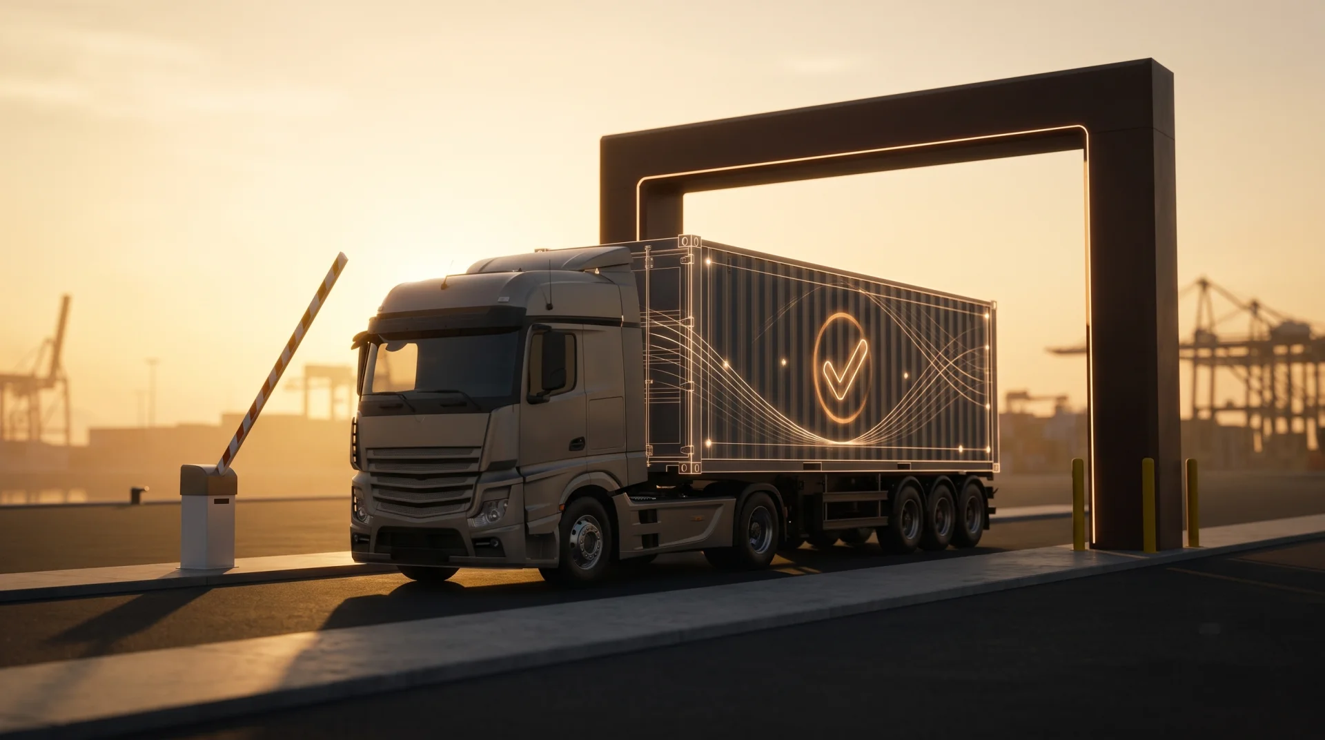 A truck passing through a customs scanning arch as the barrier lifts; a warm check mark glows on the container.
