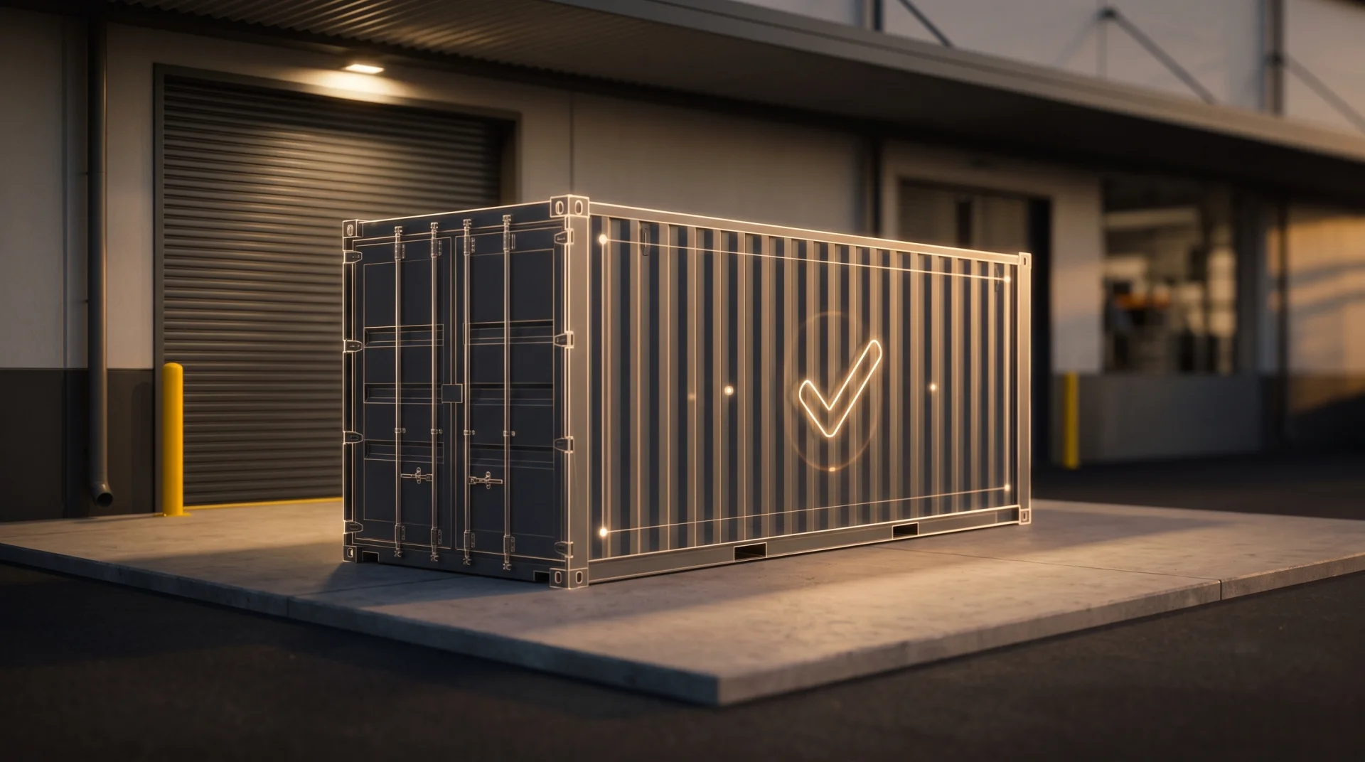 A delivered container at rest, its warm check mark glowing softly.