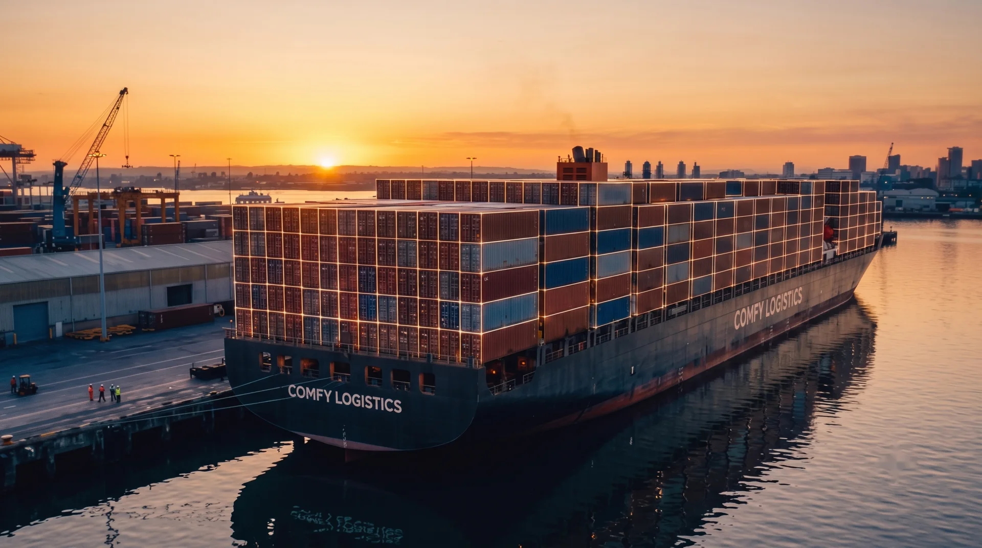 A container ship berthed at a dusk port, stacked containers traced by a warm glowing wireframe, the sun low on the horizon.