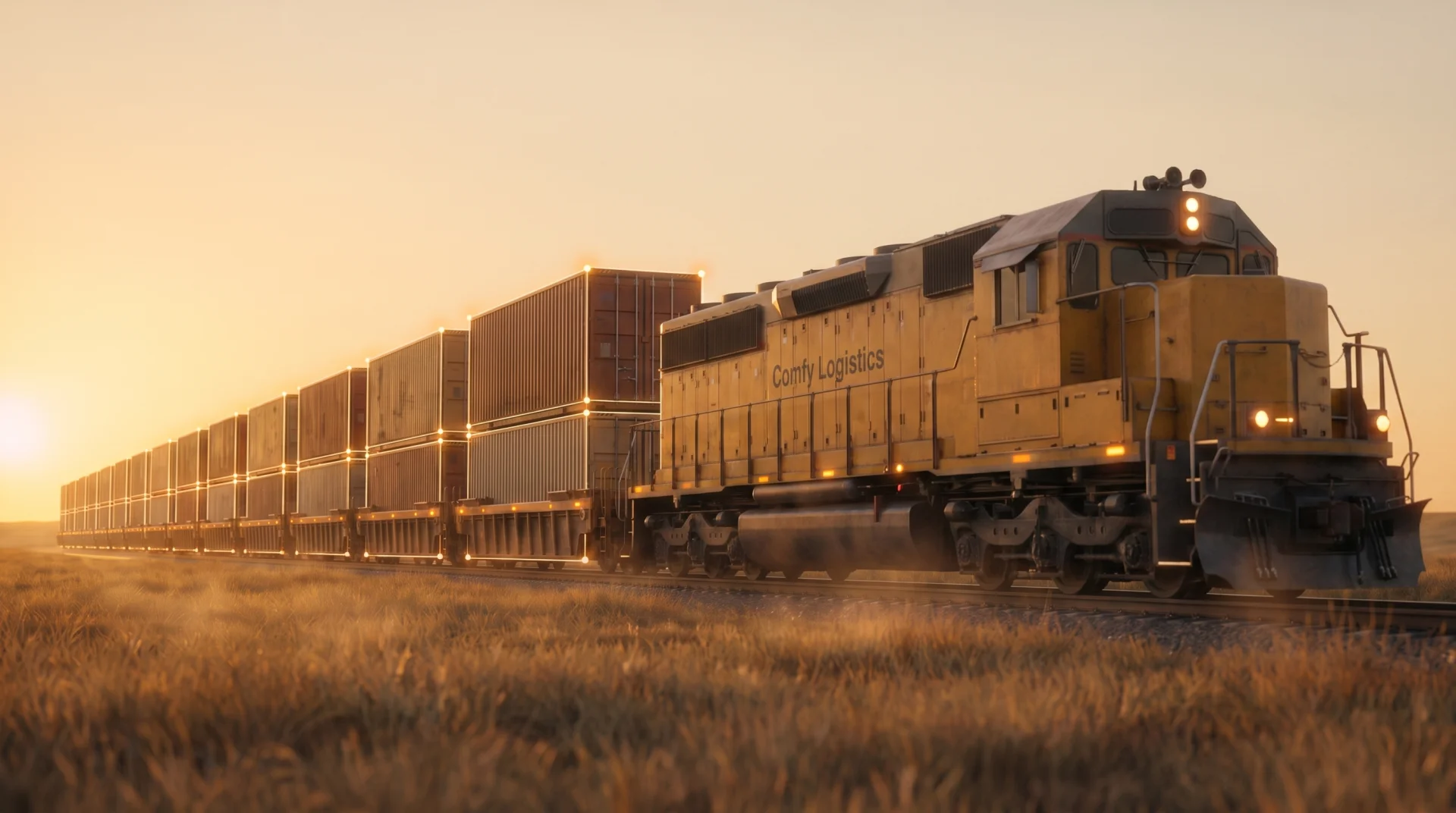 A Comfy Logistics locomotive leading one unbroken line of double-stacked containers across golden grassland at dusk, the stacks traced in warm glowing wireframe.